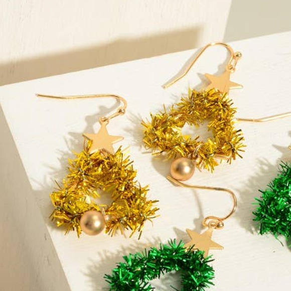 Gold Fuzzy Christmas Tree Drop Earrings with Gold Star Accents - Picture 2 of 3